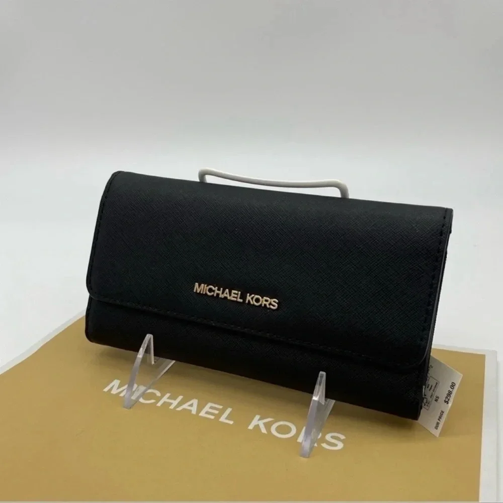 Michael Kors Large Trifold Wallet Black Leather Rich Black/Gold